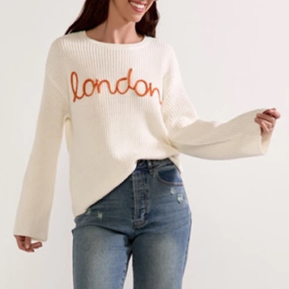 White Sweater with Orange 'London' Embroidery